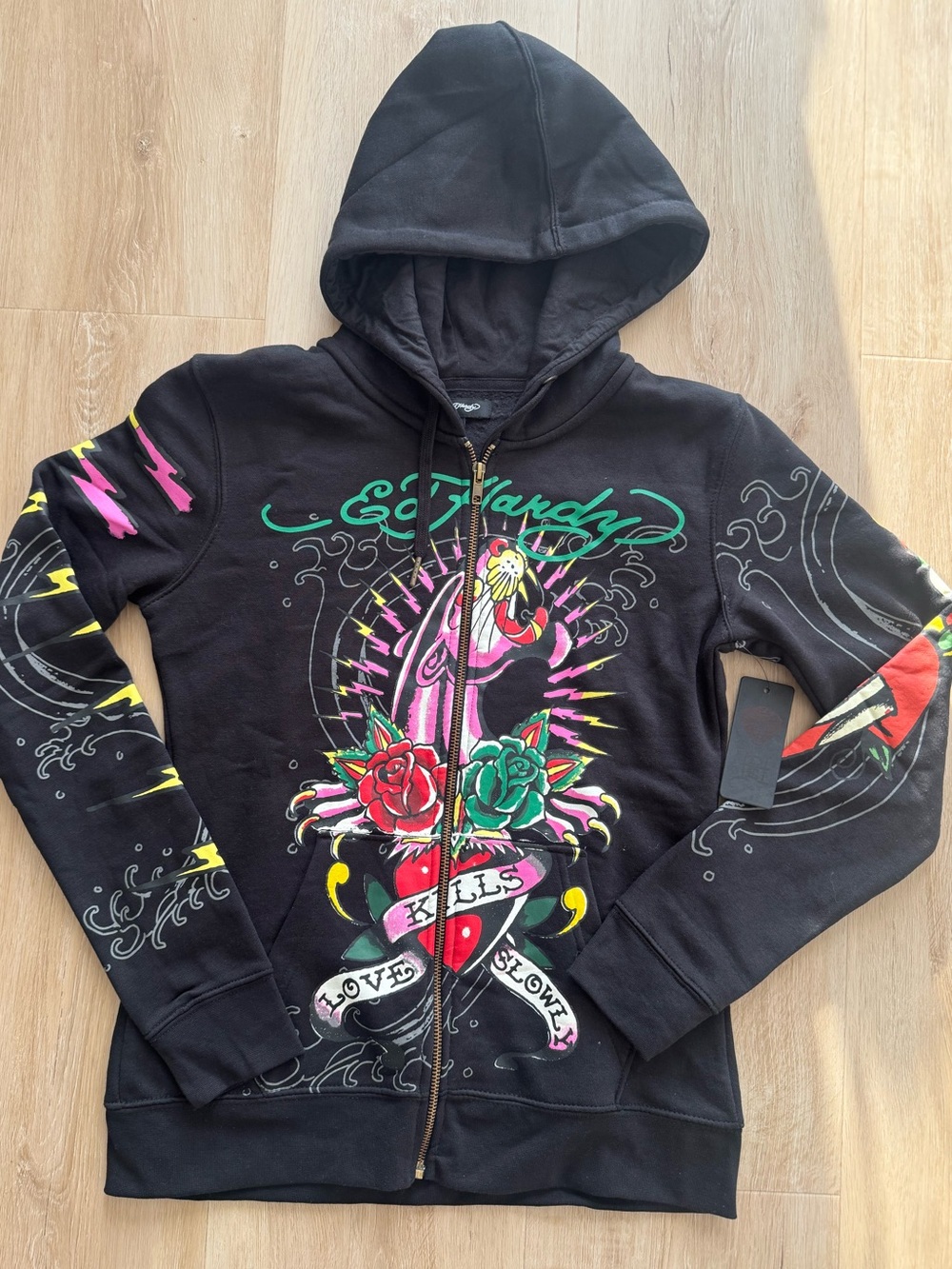 Ed Hardy Y2K Vintage pink jaguar panther hellcat “Love Kills Slowly” hoodie NWT